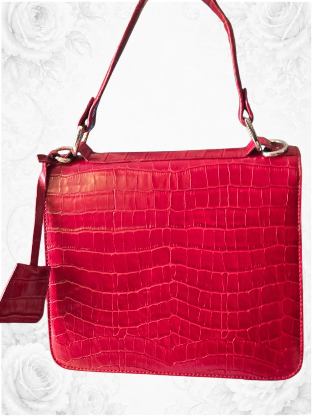 Red Croc-Embossed Structured Top-Handle Bag